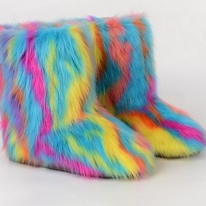 Women’s rainbow faux fur fluffy boots, mid-calf winter rave boots